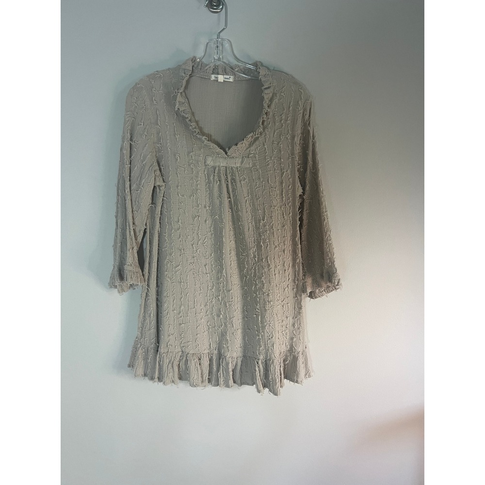 Indigo Soul‎ Womens Taupe Grey Textured Ruffle Tunic Top Cotton Boho Medium